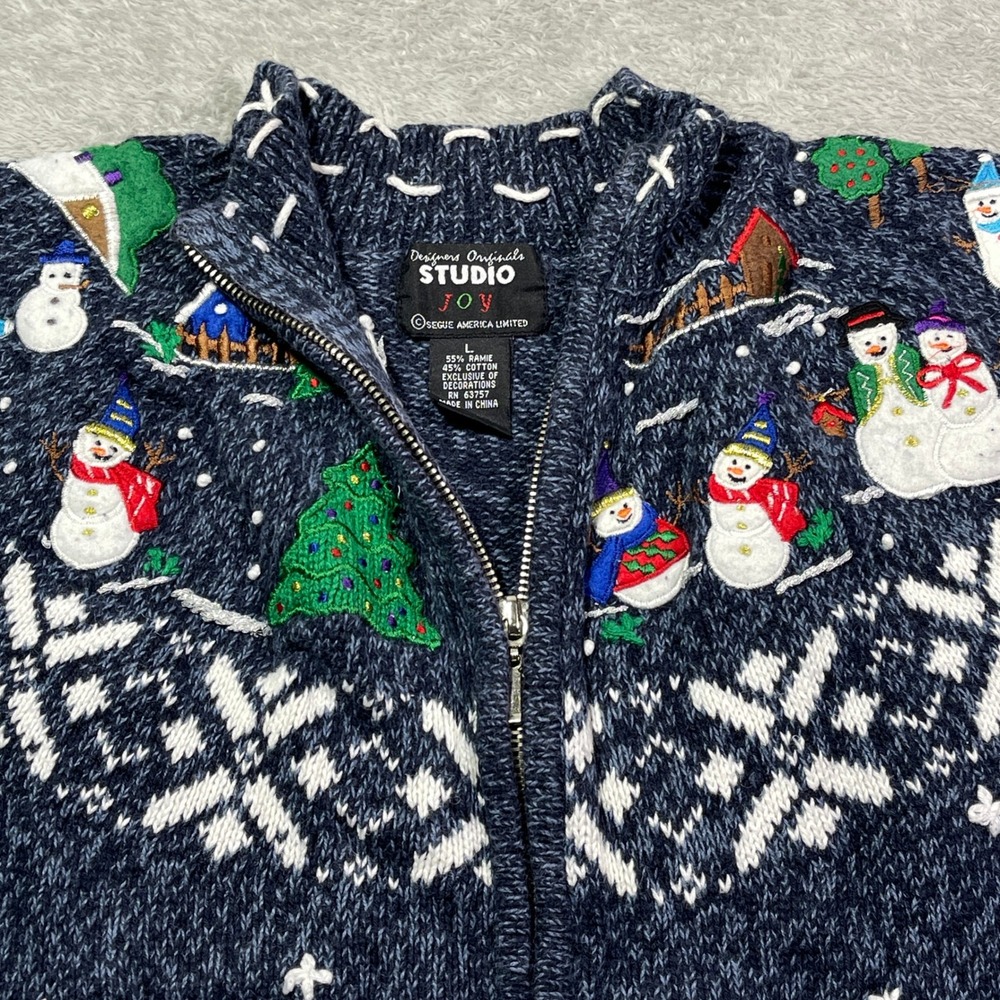 Studio Joy Christmas Cardigan Women's L Embroidered Snowman Snowflake‎ Sweater
